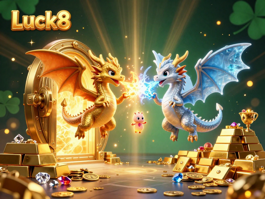 Engage with Luck8's thrilling casino adventures featuring gold and silver dragons amidst riches.