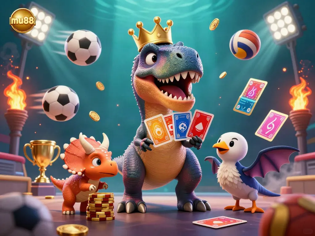 Experience exciting gaming with mu88, featuring a colorful 3D illustration of characters engaging in card games and betting.
