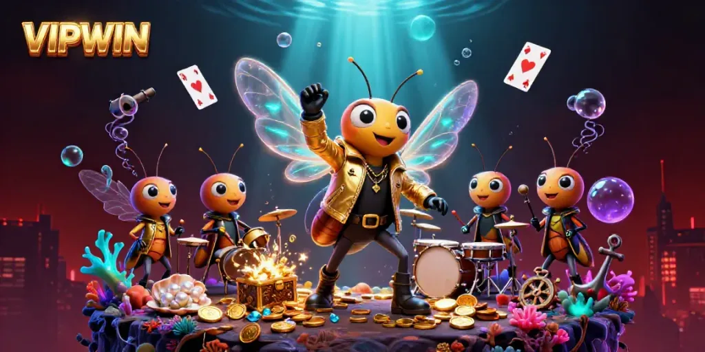 Experience the vibrant world of VIPWIN through a dynamic illustration featuring a cicada rock star and casino elements.