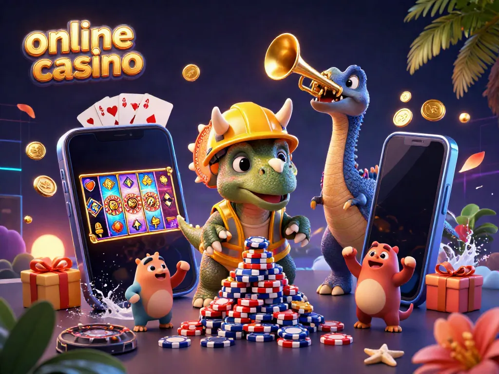 Engaging online casino scene featuring cartoon dinosaurs celebrating with poker chips and a slot game.