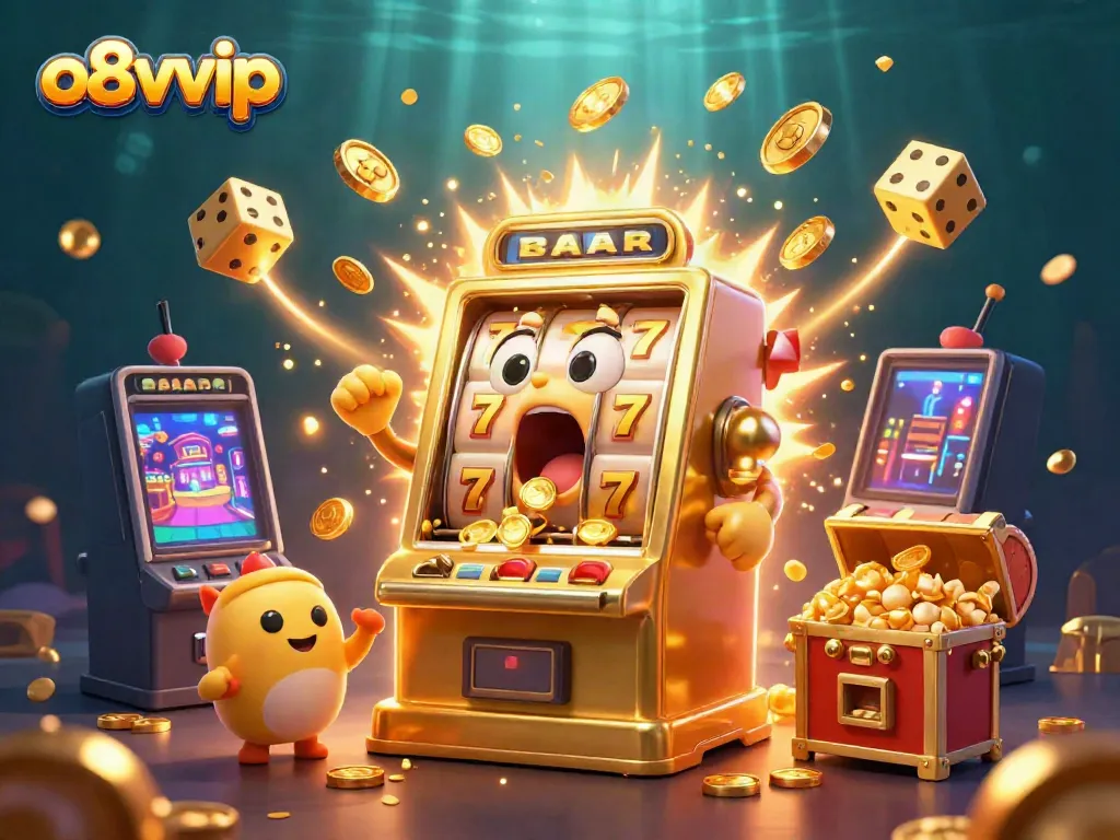 Experience the excitement of o8vvip as the golden slot machine wins a jackpot surrounded by cheering companions and festive elements.