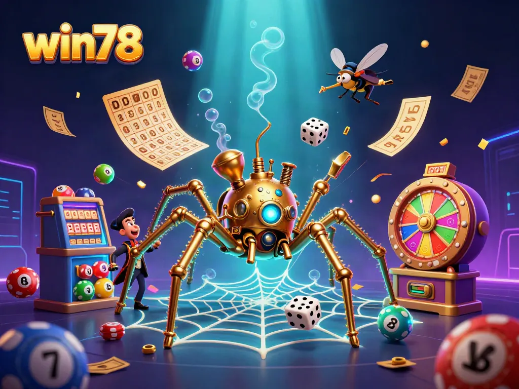 Win78 showcases a vibrant steampunk-themed casino scene with lottery elements and dynamic action.