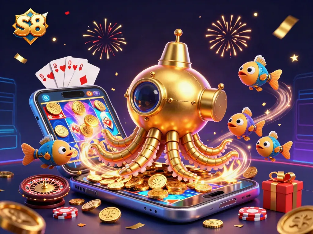S8 slot game excitement visualized with a golden kraken submarine and animated coins