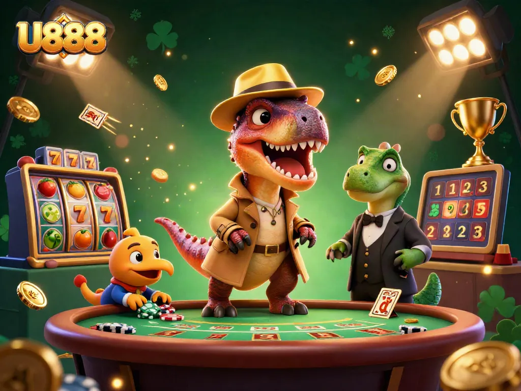 Experience the thrill of U888 gaming with a velociraptor card counter and casino elements in an exciting illustration.