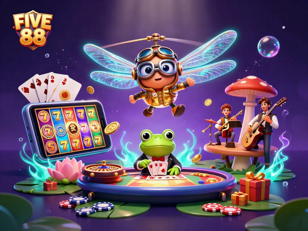 Experience the thrill of FIVE 88 with a dragonfly pilot and frog croupier in a vibrant casino scene.