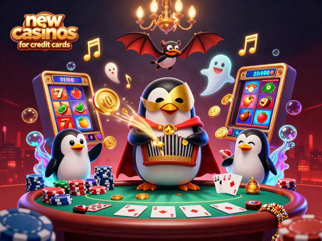 Experience the excitement of new casinos for credit cards with a playful scene of a penguin playing an organ shooting coins.
