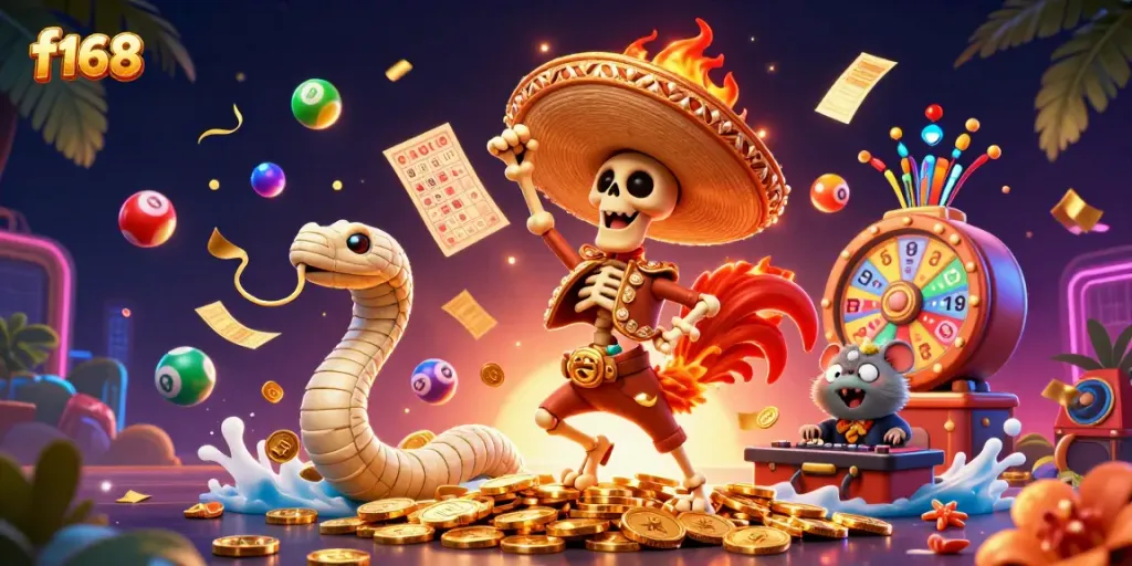 Join the festive world of f168 with lively characters, colorful lottery elements, and casino excitement.