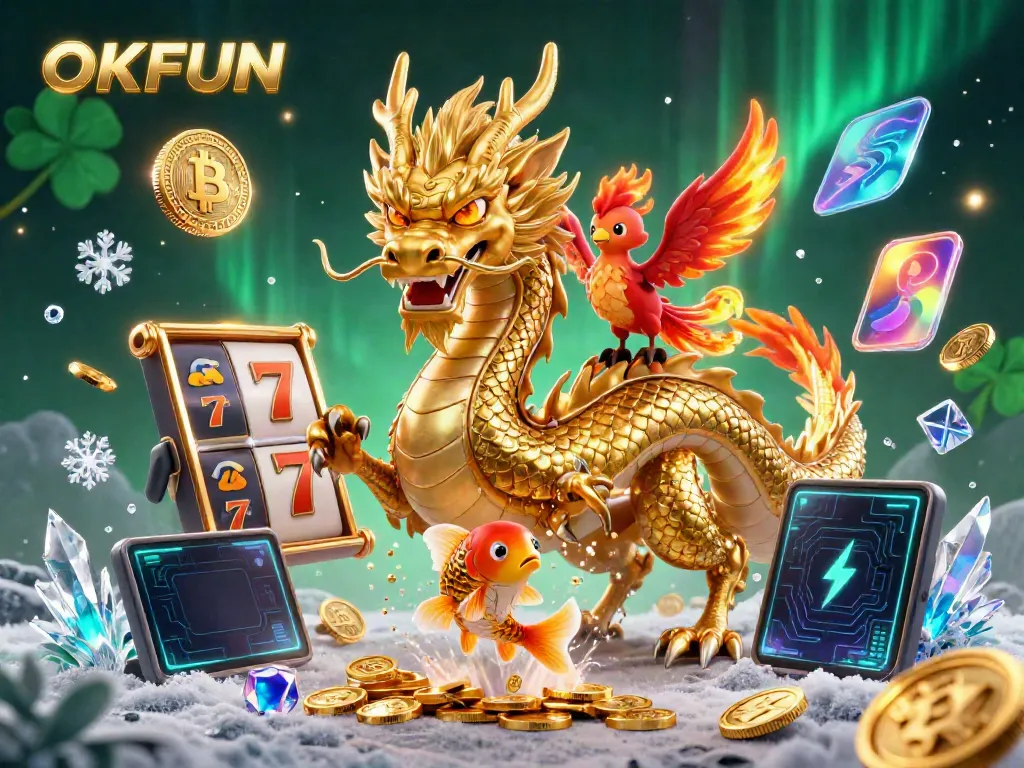 Experience the thrilling world of OKFUN with a fierce dragon and a golden koi fish amidst vibrant game elements.