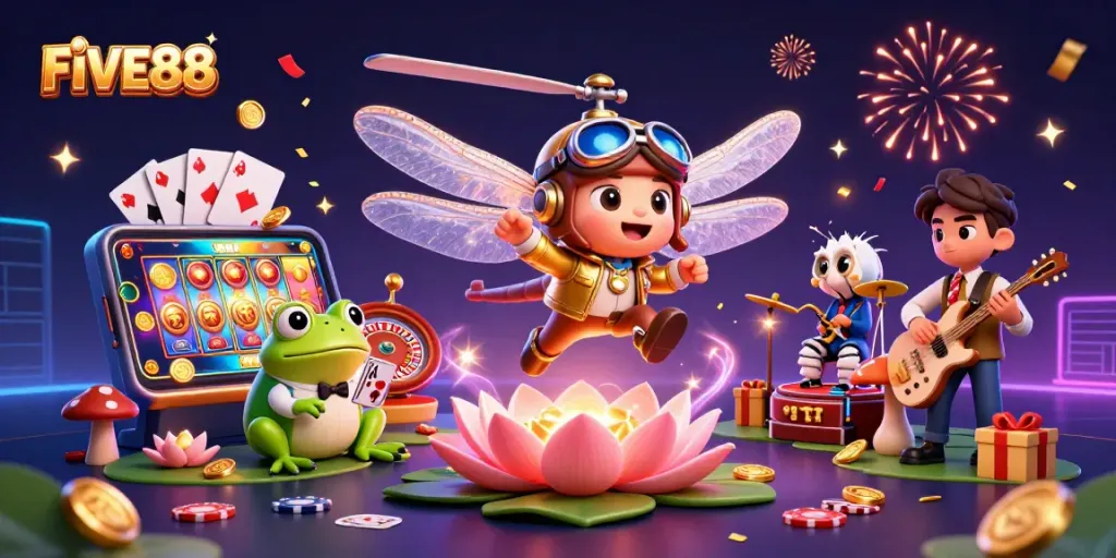 Join the excitement at FIVE88 with animated characters amid thrilling casino gaming action.