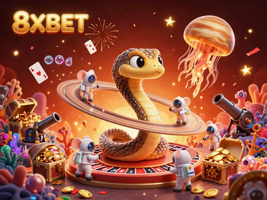 Experience thrilling bets at 8XBET with a cosmic roulette wheel featuring a snake and astronaut mice, showcasing excitement and wealth.