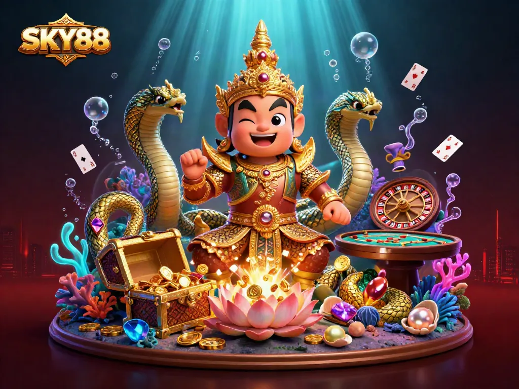 Experience thrilling gameplay with SKY88, showcasing vibrant characters and casino elements in a fantasy setting.