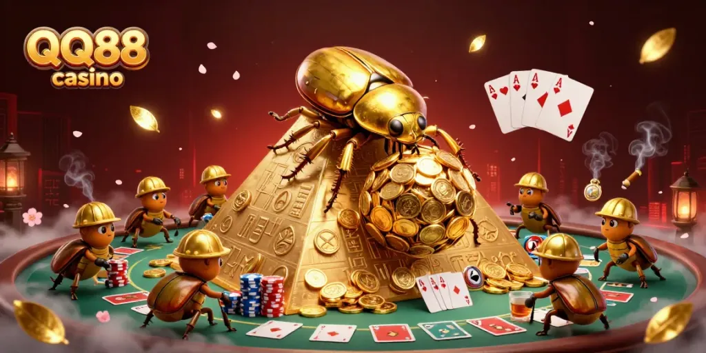 Experience QQ88 casino through a vibrant 3D illustration of beetles rolling gold coins, showcasing casino games.