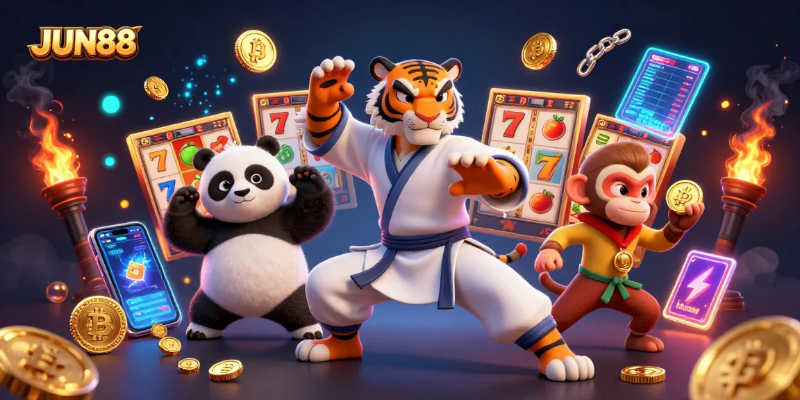 Engage with the thrilling world of JUN88 by spinning jackpot reels amidst cartoon characters.