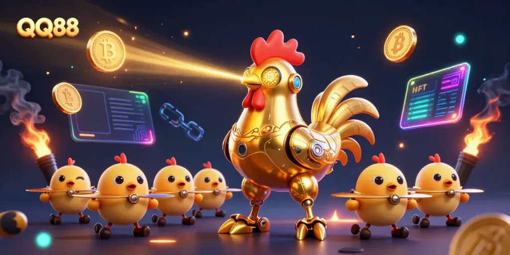Engage in QQ88’s thrilling gaming experience with dynamic golden rooster and baby chick drones in a rich 3D scene.