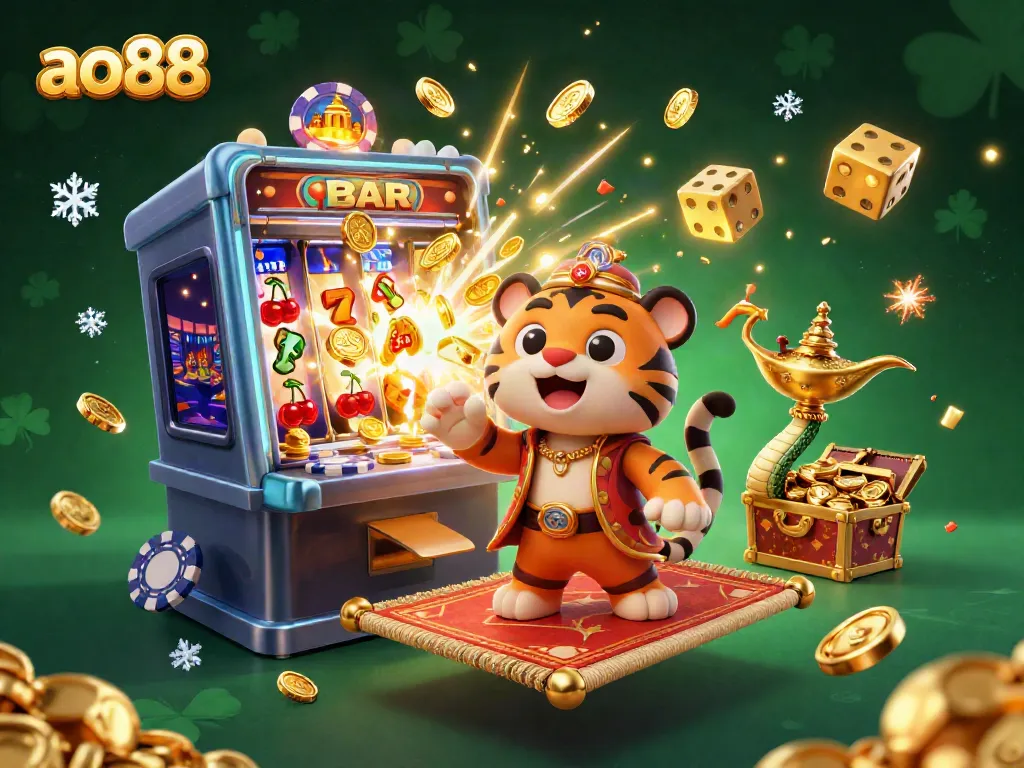 Experience the excitement at ao88 with a vibrant 3D illustration featuring a jackpot explosion and colorful casino elements.