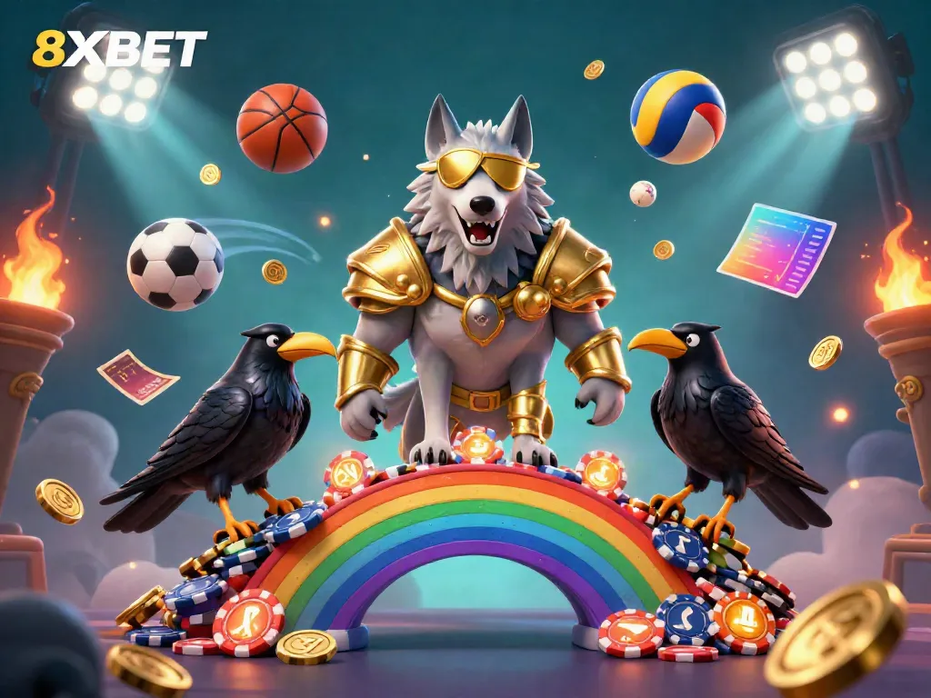 Experience the thrilling world of 8XBET with dynamic characters and vibrant gaming elements in a captivating fantasy scene.
