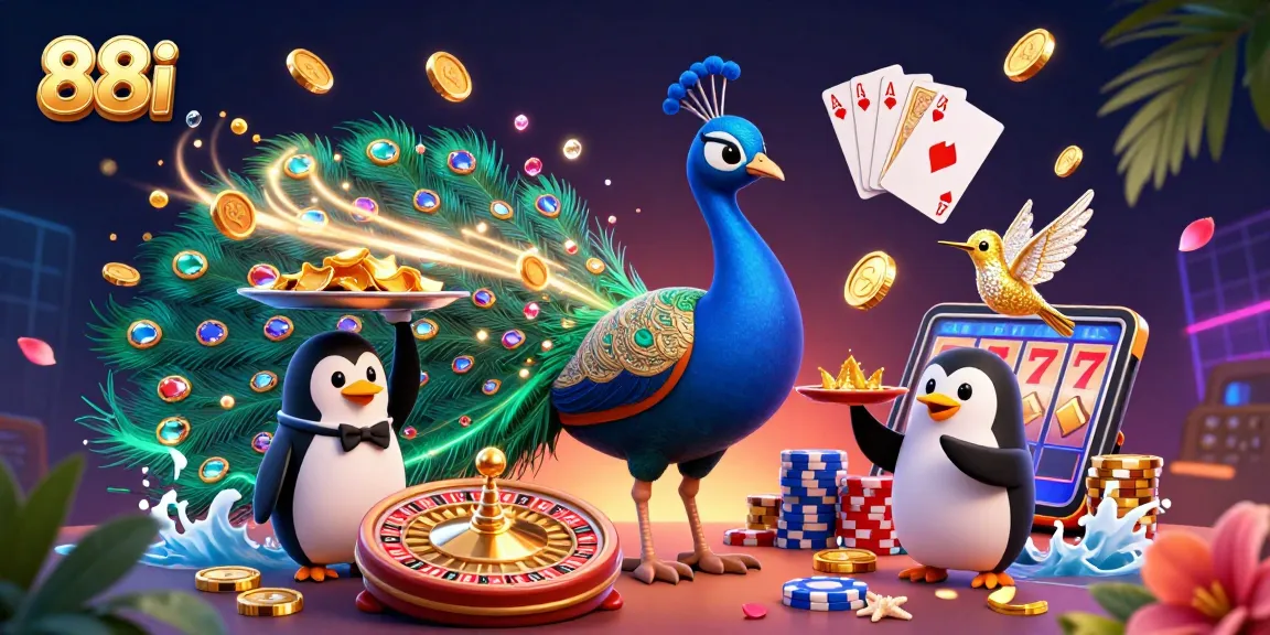 Engage in thrilling casino fun with 88i’s vibrant peacock, penguin butler, and sparkling treasure scene.