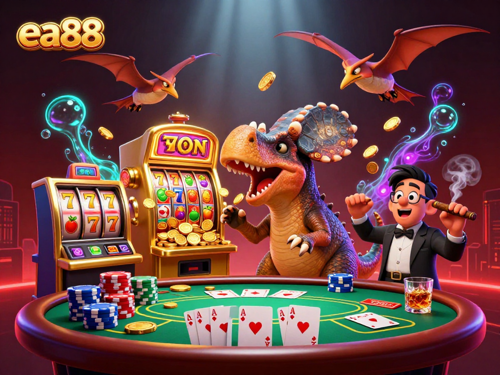 ea88 pachycephalosaurus wins coins at the slot machine amidst a vibrant casino scene