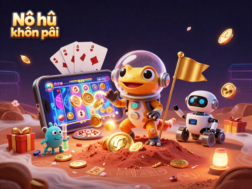 Nổ hũ khuyến mãi scene showcasing a Martian gecko discovering a hidden casino with dynamic gaming elements.