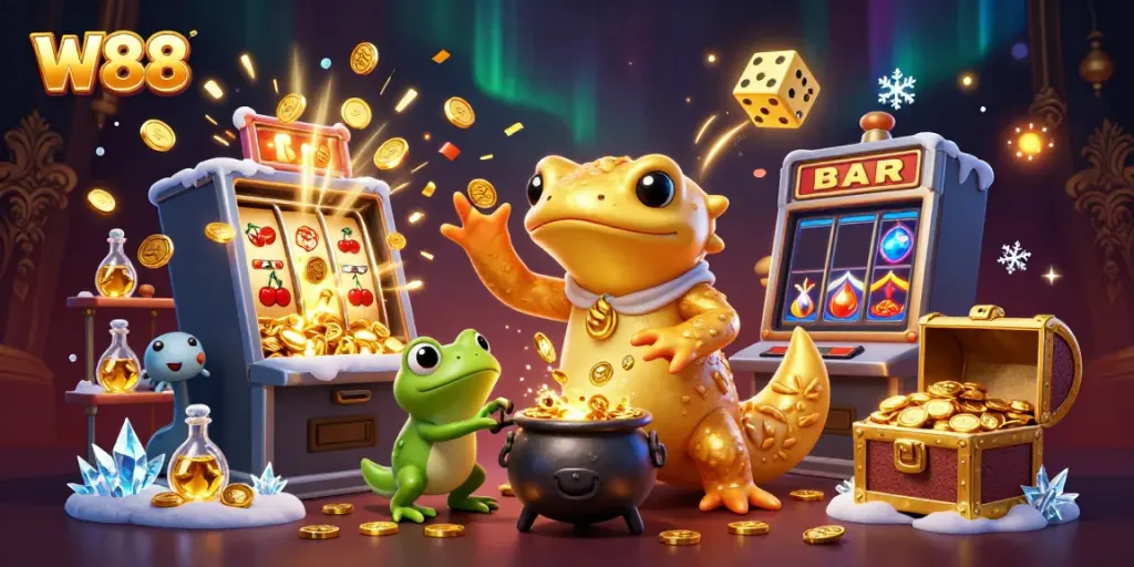 Experience W88's dynamic gaming world with golden salamander transmuting coins and jackpot symbols bursting around.