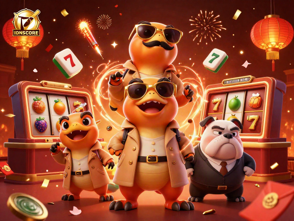 Experience the excitement of IDNSCORE with playful raptors entering a VIP casino lounge, showcasing vibrant casino elements.