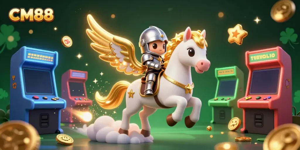 Experience thrill at CM88 with a celestial horse and knight amid vibrant gaming machines.