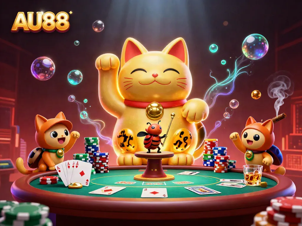 Experience vibrant gameplay with AU88's lucky cat and energetic casino elements in this colorful 3D illustration.