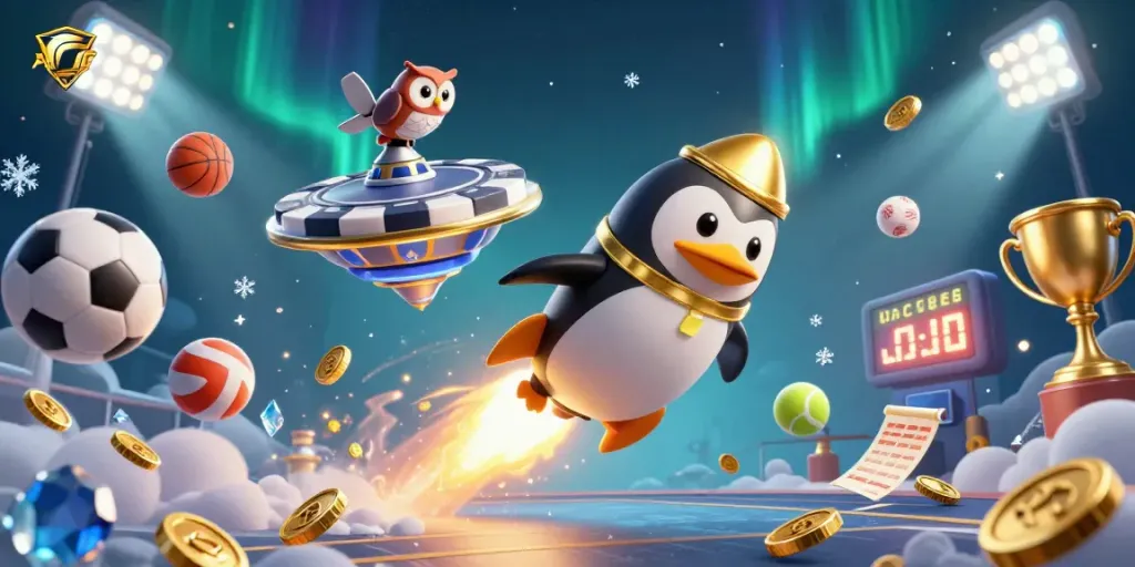 Place bets at FABET while the golden penguin launches towards gambling rewards.