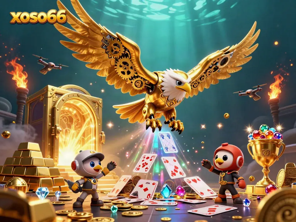 Experience epic gameplay at xoso66, with dynamic holographic cards and treasure in a rich casino atmosphere.