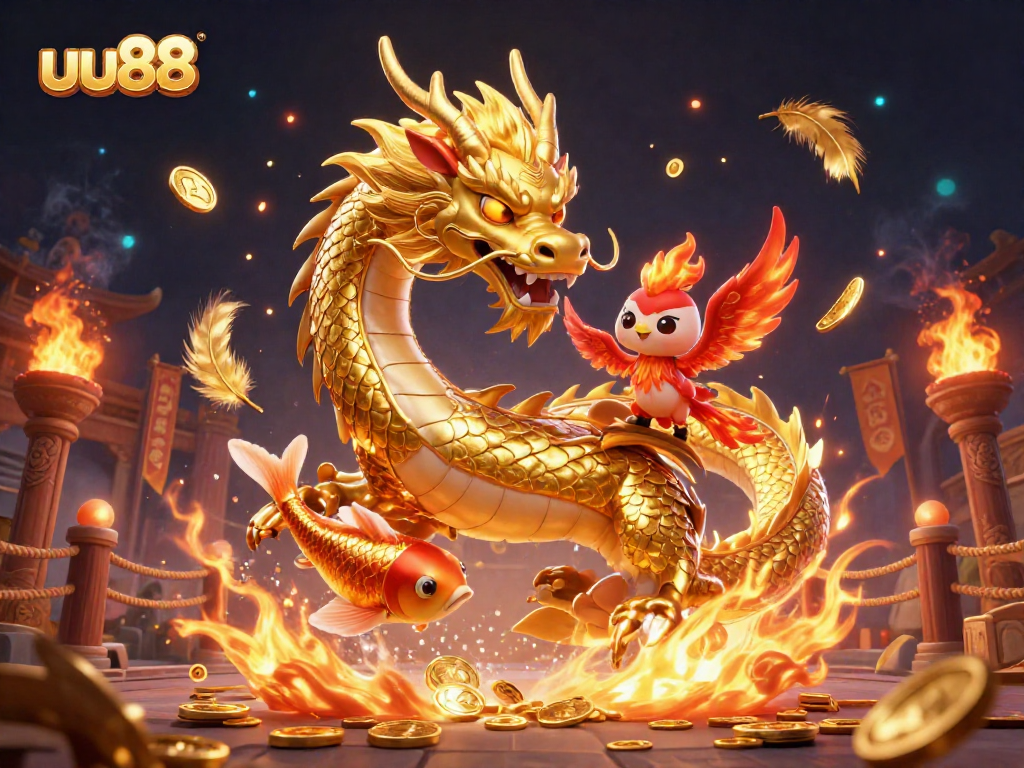 Experience thrilling action at uu88 with a dragon, phoenix, and koi fish amidst coins and gambling elements.