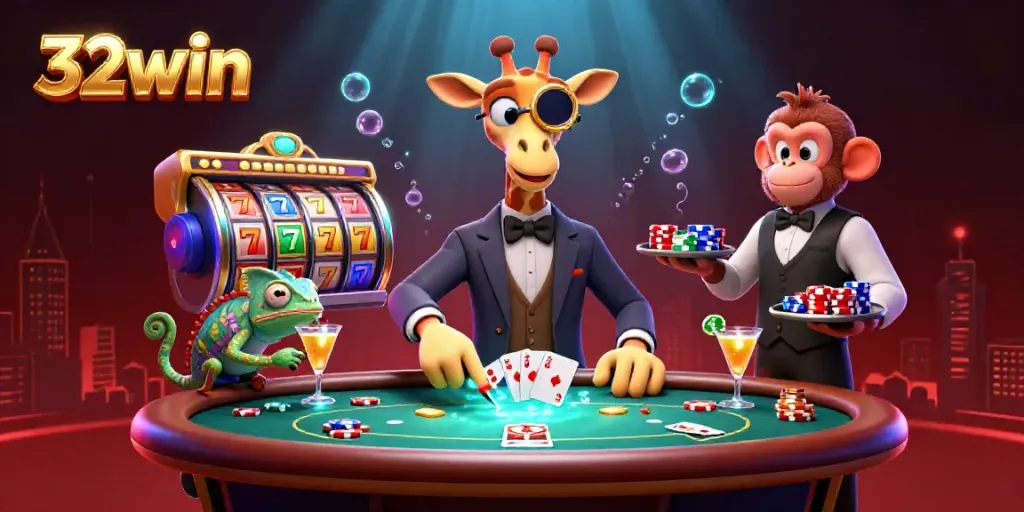 32win showcases a vibrant 3D scene with giraffe high-roller at a poker table surrounded by animated gambling elements.
