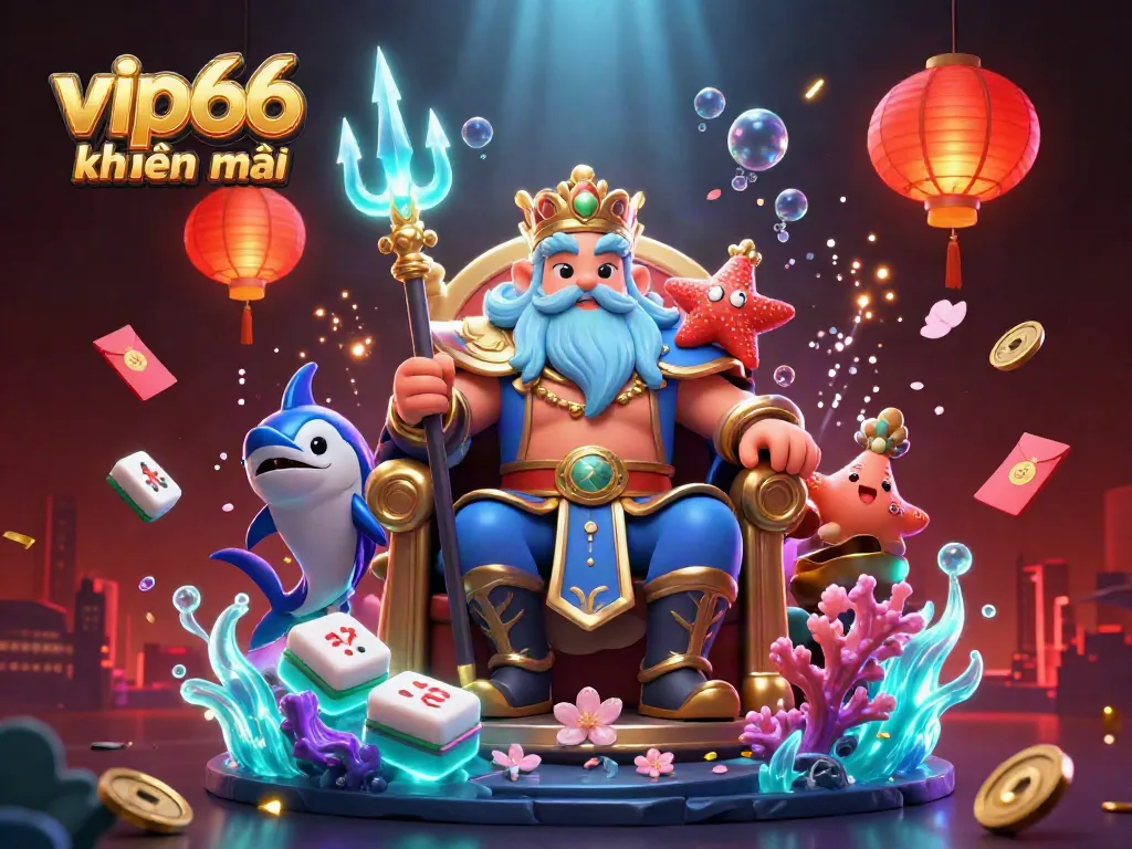 Experience vip66 khuyến mãi with the captivating sea king Neptune and vibrant casino elements in a dynamic scene.