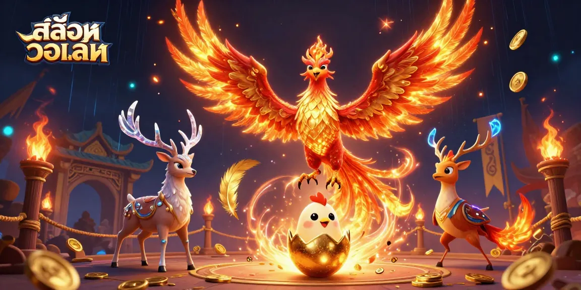 Experience the thrill of สล็อตวอเลท with a stunning 3D phoenix and fire elements in a vibrant casino atmosphere.