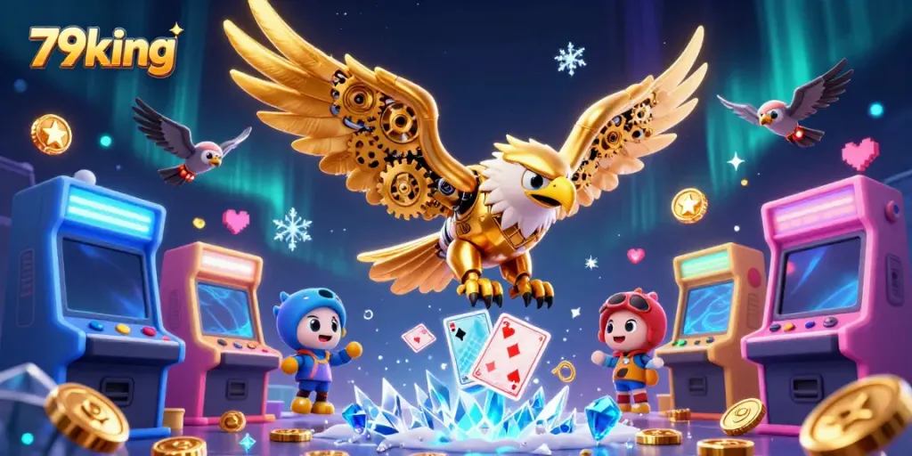 Engage with the 79king casino through a dynamic scene of a cybernetic eagle soaring amidst vibrant game elements.
