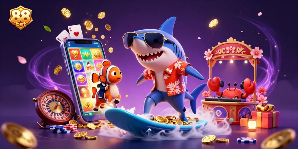 Experience thrilling gaming action with 88 bet at a vibrant cartoon casino scene filled with exciting game elements.