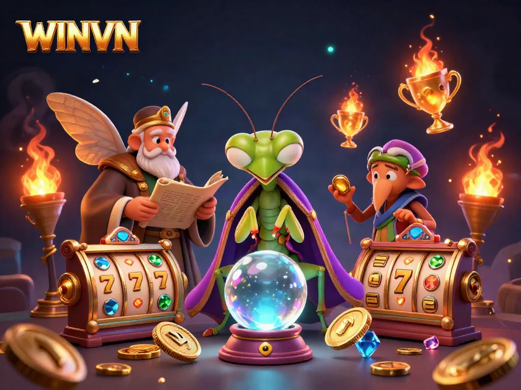 Experience the excitement of WINVN with a whimsical scene of fortune tellers and slot symbols.