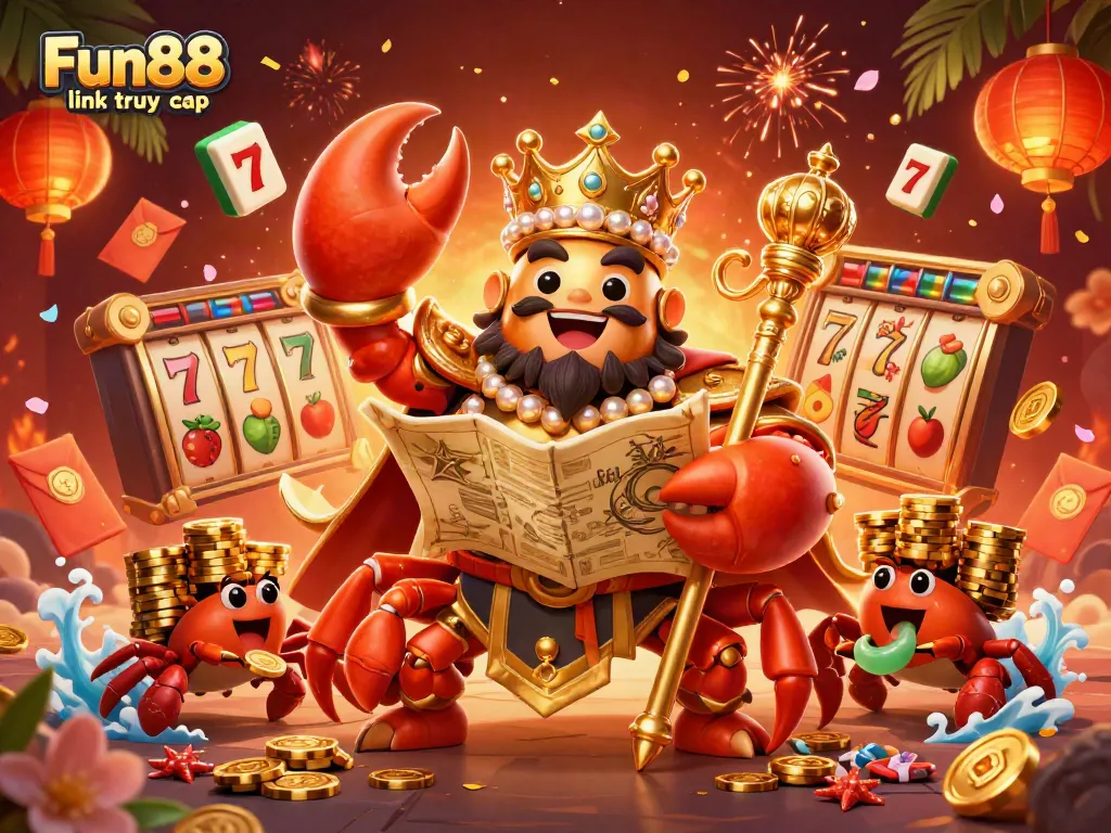 Experience exciting fun with Fun88 link truy cập featuring a golden crab emperor surrounded by casino-themed elements.