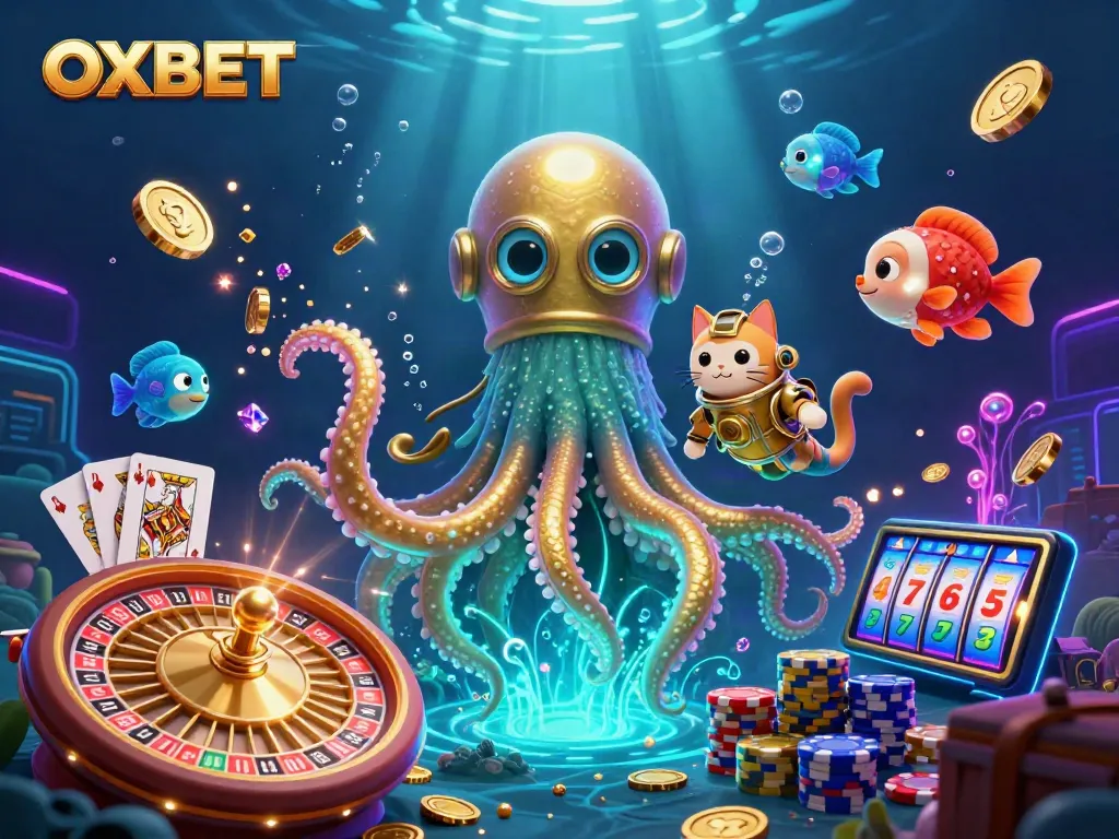 Experience thrilling gaming at OXBET with a vibrant underwater scene featuring a giant kraken, diving cat, and flying coins.