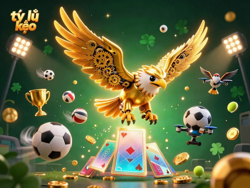 Experience the thrill of tỷ lệ kèo betting with dynamic sports elements and a golden eagle in action.