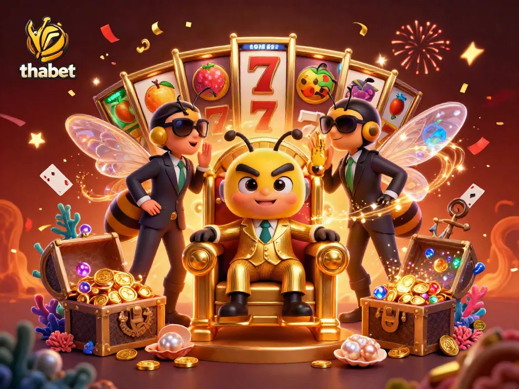 Experience thabet gaming with vibrant slot machine visuals in a lively 3D scene.