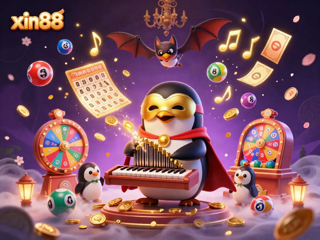 Play exciting games and win at xin88 with a lively casino-themed illustration featuring a playful penguin.