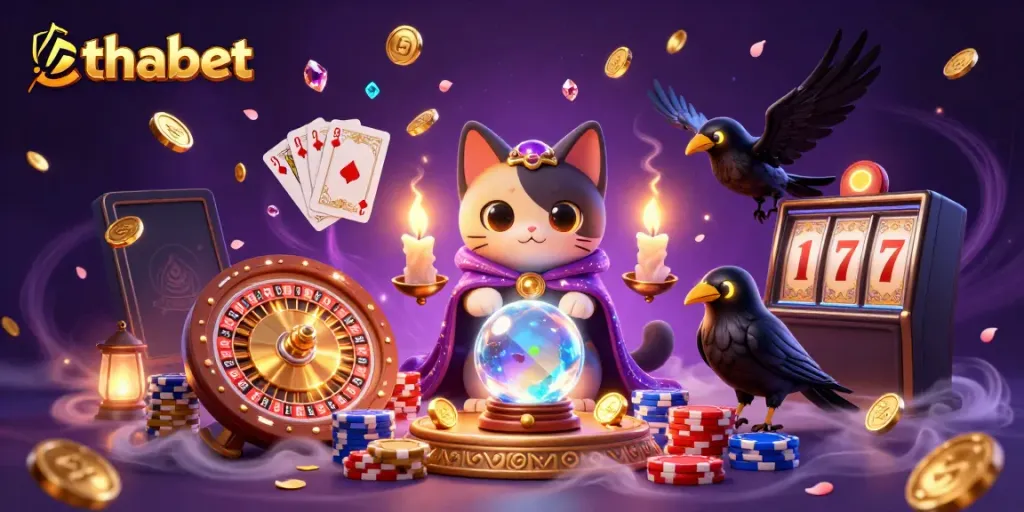 Experience the magic of thabet with vibrant casino elements, featuring a mystic cat and a tarot raven.