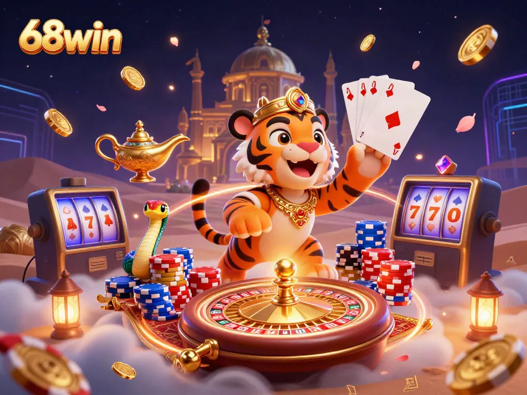Experience the excitement of 68win with a vibrant 3D illustration showcasing a casino theme and magical characters.