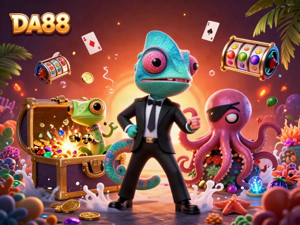 Experience winning thrills at DA88 with a vibrant casino-themed underwater adventure illustration.
