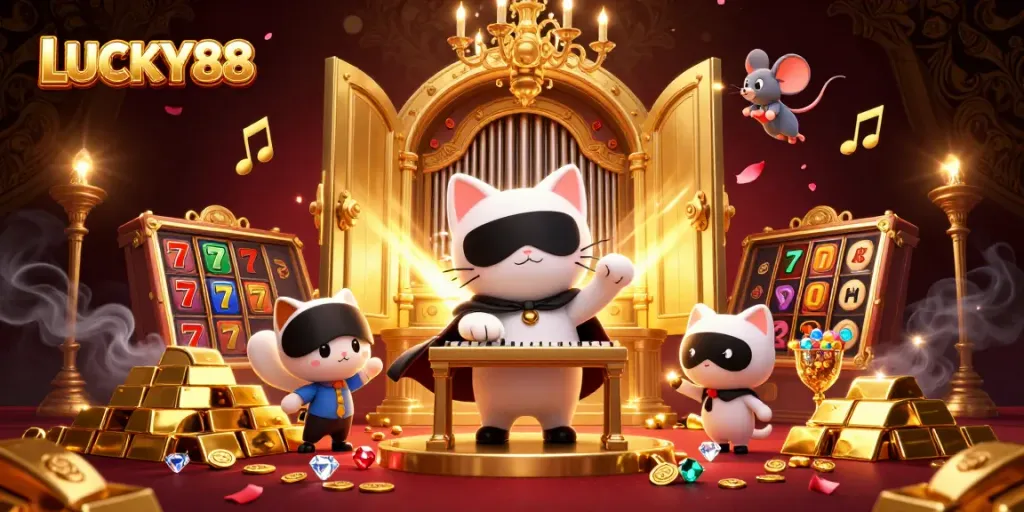 LUCKY88 captivates with rich casino-themed art featuring whimsical characters and treasure.