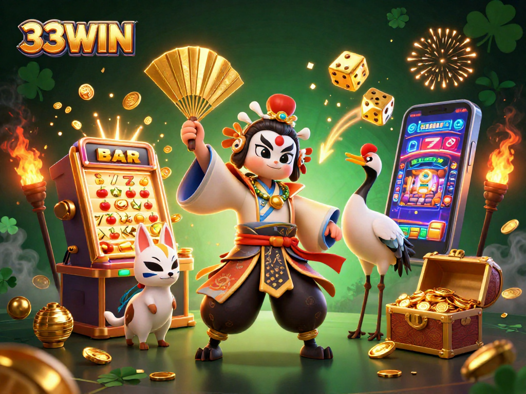 Engage in thrilling gameplay at 33WIN, featuring a vibrant casino scene with dynamic characters.