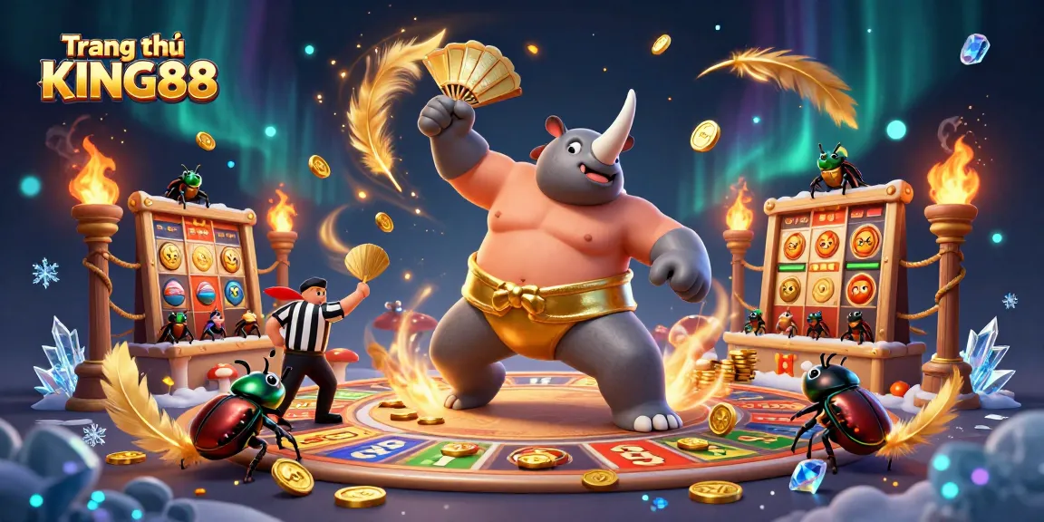 Engage in thrilling action with Trang chủ KING88 as the sumo beetle stomps coins in a vibrant casino arena.