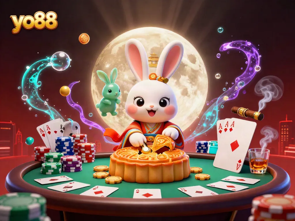 Play at yo88 with vibrant gaming visuals featuring a lunar rabbit and poker chips.