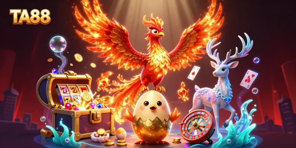TA88 offers an engaging gambling experience through a vibrant casino scene with animated characters.