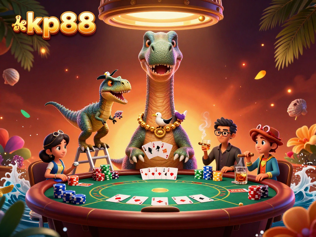 Experience thrilling gameplay at kp88eucom with a colossal brontosaurus overseeing a poker showdown.